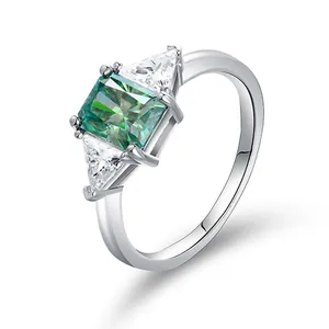 Bague en Moissanite Bleu Vert Taille Radiant Argent Sterling 925 Plaqué Or Blanc 18K Zirconia Triangle GRA Femme