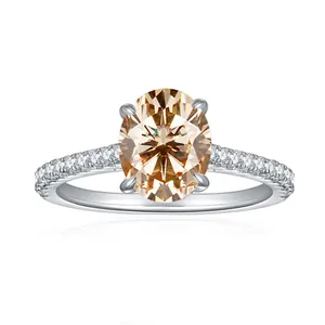 GRA 925 Sterling Silver Ring Champagne Moissanite Rhinestone Oval Engagement Wedding Band For Women Jewelry