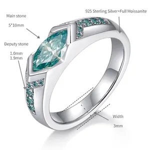 Elegante anello in argento sterling 925 con una pietra moissanite marquise blu lago