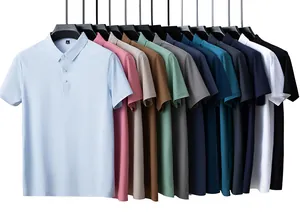 Men's cooling ice silk polo shirts displayed in multiple colors on a clothing rack.