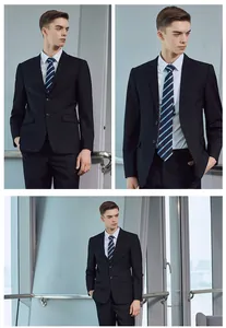 Professional slim fit black business suit for men presented in modern office backdrop