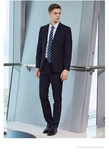 Full-length view of a slim fit black professional suit with a striped tie.