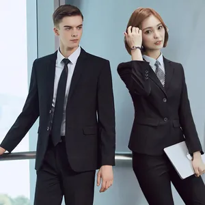 Professional black non-iron business suit set for men and women in modern office