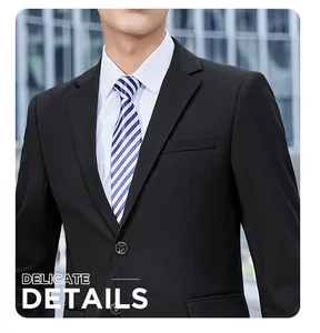 Close-up of black business suit jacket with striped tie for professional office wear