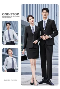 Detail view of professional black business suits for men and women in an office setting