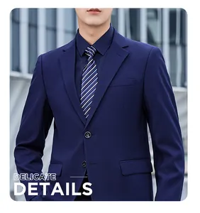Detailed view of professional navy blue business suit jacket with a matching shirt and tie