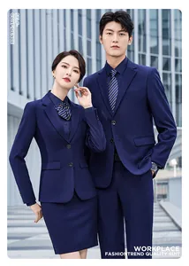 Professional dark blue business suit sets for men and women in modern office setting