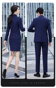 Rear view detail of navy blue professional business suit set for men and women models