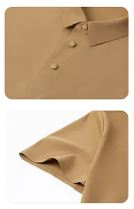 Detail showing collar with matching buttons and smooth sleeve hem of khaki polo shirt