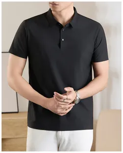 Close-up detail of a premium black cooling ice silk men's business polo shirt with a slim fit