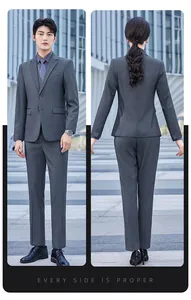 Professional charcoal gray business suit set for men and women, front and back views.
