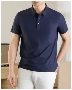Close-up of a navy blue men's ice silk Polo shirt showing premium drape and fit