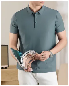 Close-up detail of a breathable men's ice silk polo shirt in a stylish indoor setting