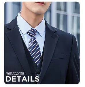 Detailed close-up of professional dark blue business suit with striped tie and shirt