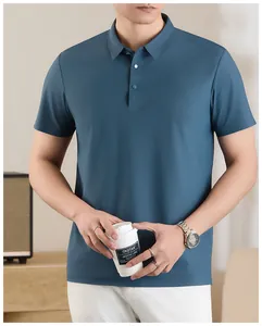 Close-up of a blue men's ice silk polo shirt showing the smooth fabric and business casual style
