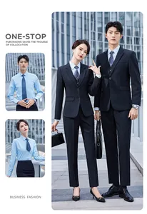 Professional unisex navy blue business suit set shown in a modern office exterior setting