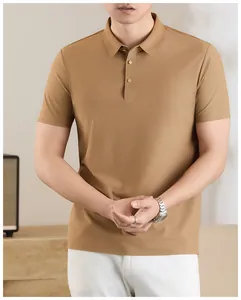 Close-up of premium brown ice silk polo shirt for men with a tailored business fit