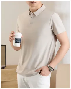 Detailed shot of a beige men's cooling ice silk polo shirt for a business casual look