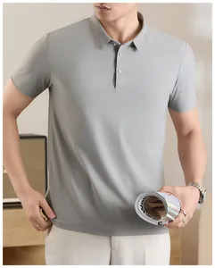 Detailed view of a light grey men's ice silk polo shirt with premium high-end texture.