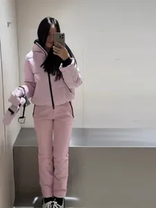 Women Pink Hooded Ski Suit Set Winter Warm Windproof Short Padded Jacket And High Waist Slim Pants Outdoor Sports Snowsuit
