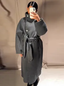 Cappotto Lungo Donna Elegante Collo Alto Poliestere Vestibilità Slim Monopetto Cappotto Stile Lana Con Cintura Regolabile