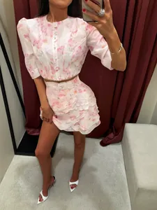 Damen Französischer Blumendruck Puffärmel Crop Top Und Stufenrock Mit Rüschen Eleganter Sommer Strand Urlaub Outfit Top And Bottom