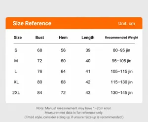 Detailed size chart guide for the yoga sports vest including bust and length data