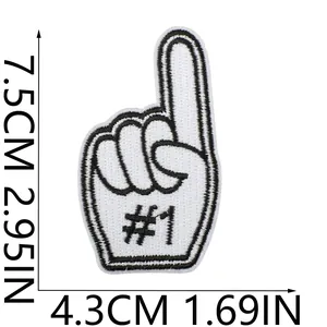 Detailed view of foam finger embroidery patch showing #1 pattern and dimensions in cm and inches