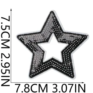 Detail view showing the 7.8cm x 7.5cm dimensions of the star sequin embroidery patch.