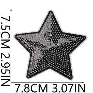 Detailed size specifications for a silver sequined star embroidery patch