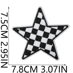Professional size measurement for star-shaped checkered embroidered patch detail