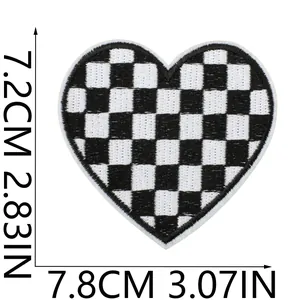 Checkerboard heart embroidered patch showing dimensions 7.8cm width and 7.2cm height