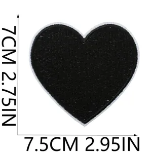 Close-up detail view of black heart embroidery patch with 7.5cm width size markers
