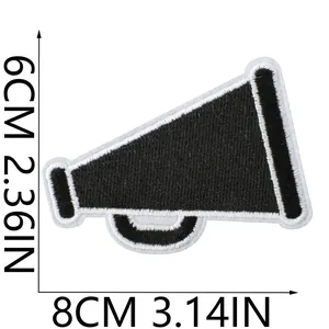 Detailed view of black megaphone embroidered patch showing 8cm x 6cm dimension markers