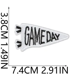Detailed view of Embroidered Game Day pennant patch with dimensions 7.4cm x 3.8cm