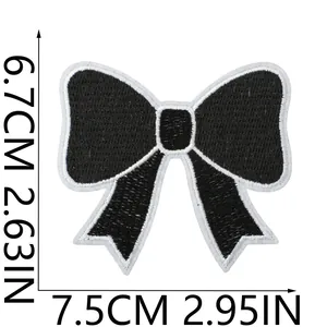 Detailed view showing dimensions of the black bowknot embroidered iron-on patch for DIY crafts
