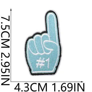 Detail view of light blue #1 foam finger embroidered patch with dimensions 7.5x4.3cm