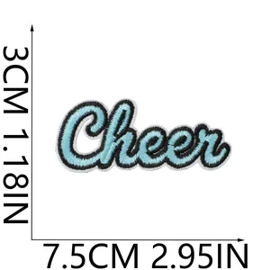 Detail view of embroidered Cheer patch showing dimensions 3x7.5 cm for DIY clothing decor