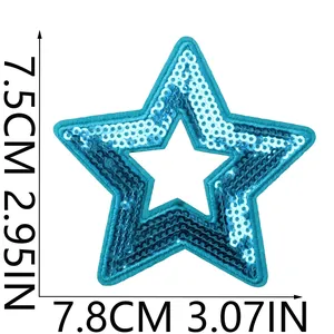 Detail of blue sequined star embroidery patch showing 7.5x7.8cm dimensions for DIY