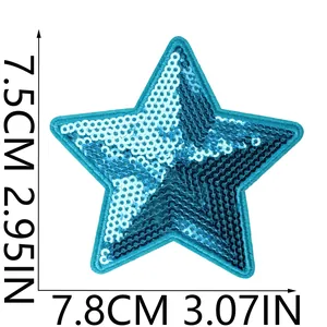 Close-up detail of blue star sequin patch with 7.5cm by 7.8cm size measurements