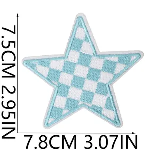 Blue and white checkered star embroidery patch for clothing DIY decoration 7.5 x 7.8 cm