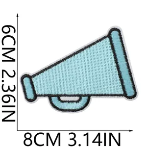 Detailed megaphone embroidered patch showing dimensions 8x6 cm for DIY crafts