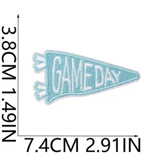 Detailed view of Game Day pennant embroidery patch showing 7.4cm x 3.8cm dimensions