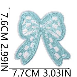 Light blue checkered bow embroidered patch dimensions 7.6x7.7cm for clothing decoration