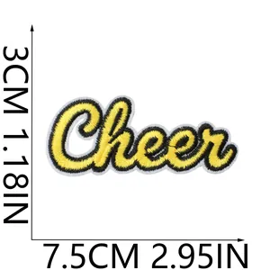 Detail view of Cheer script embroidered patch with dimensions 7.5cm x 3cm for DIY clothing