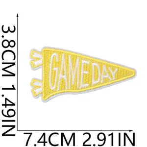 Dimensions of yellow Game Day embroidered patch: 7.4cm x 3.8cm detail view.