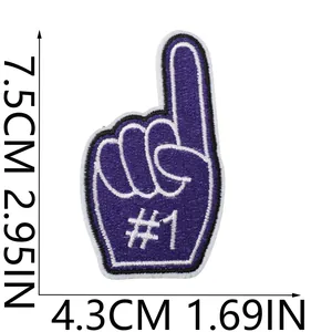 Detailed view of purple embroidered number one foam finger patch with size dimensions