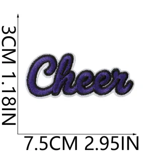 Detailed size diagram for purple embroidered 'Cheer' letter patch, 7.5x3cm dimensions
