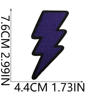Close-up view of purple lightning embroidery patch with precise 7.6cm x 4.4cm dimensions.