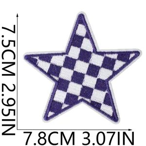 Detailed view of purple checkered star embroidered patch with size 7.5cm by 7.8cm